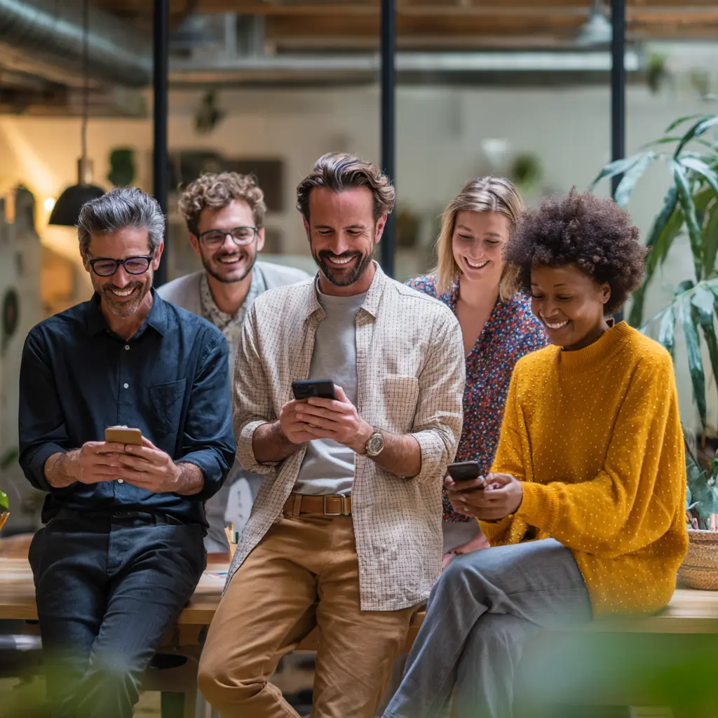 a cheerful office team gathered around a shared workspace smiling and engaged as they interact with smartphones