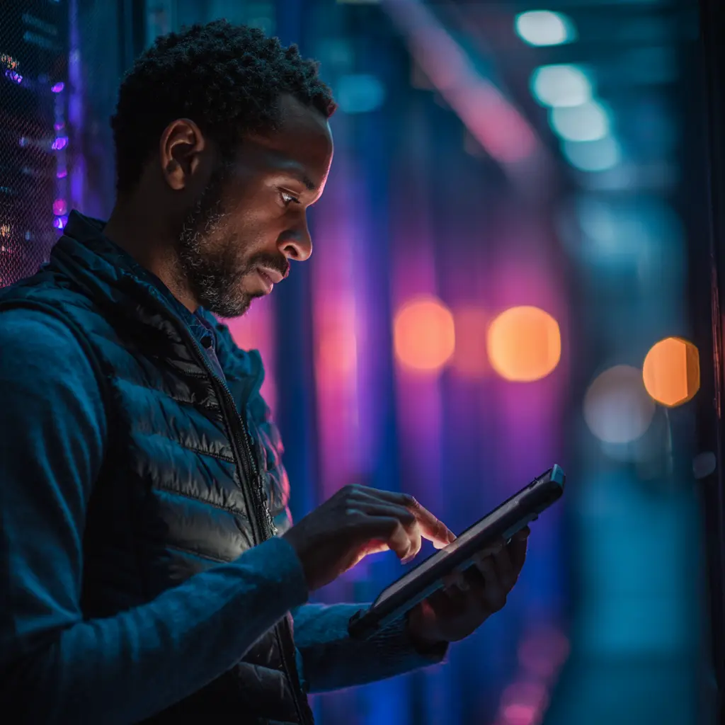 a man in a server room reviewing telecom equipment data
